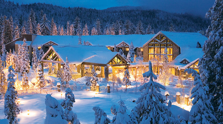 Tenaya Lodge lights shining in a winter wonderland.
