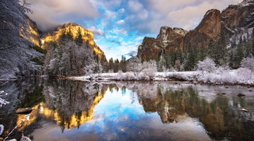 Yosemite winter scene with El Cap and Bridalveil Fall