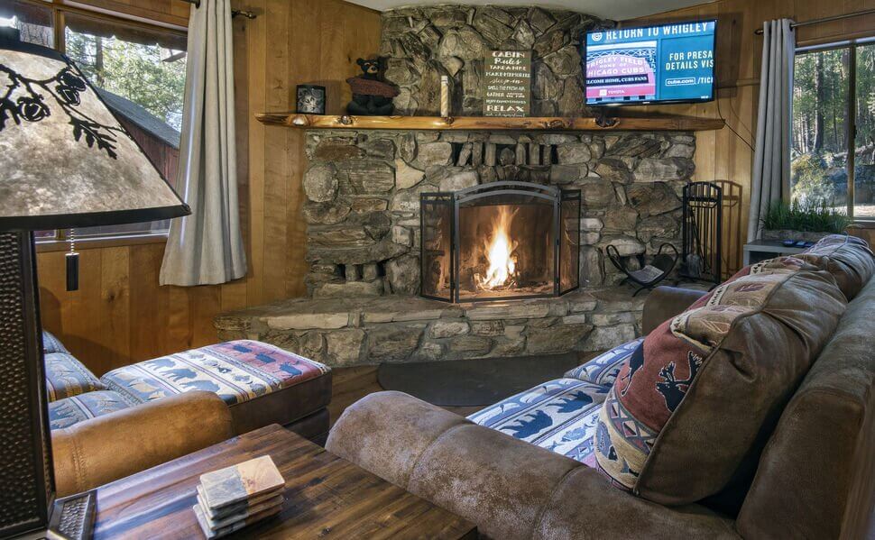 living area with stone fireplace and couches