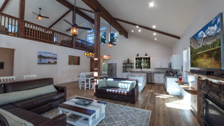 living room overview with vaulted ceilings