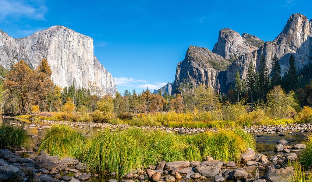 Summer view of El Capitan and Yosemite Valley from Valley View