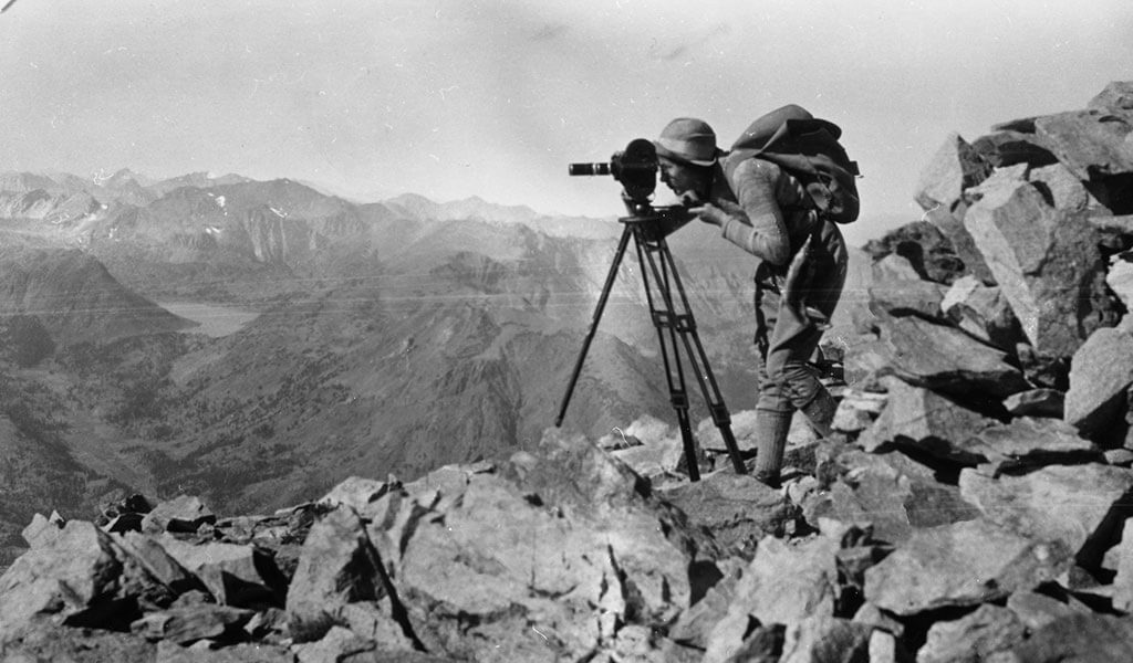 Virginia Best on Mount Dana with movie camera
