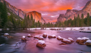 Yosemite in winter. Sunset at Valley View