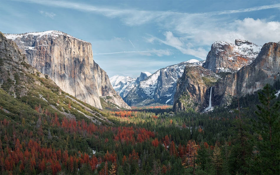 yosemite valley in the winter with snow caps