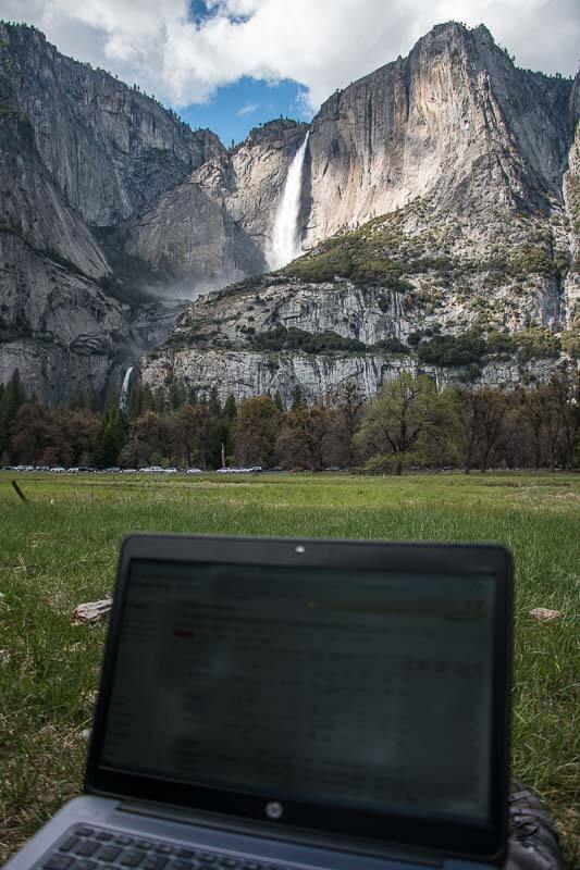 Yosemite Falls with laptop