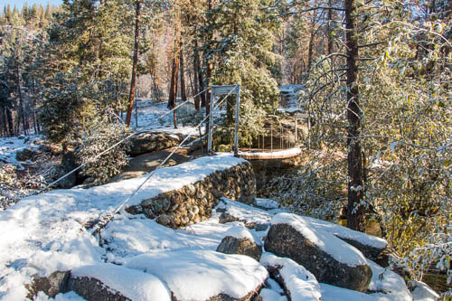 Swinging bridge on winter hike in Wawona