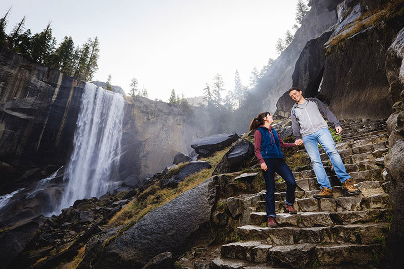 Couple hiking Yosemite's Mist Trail