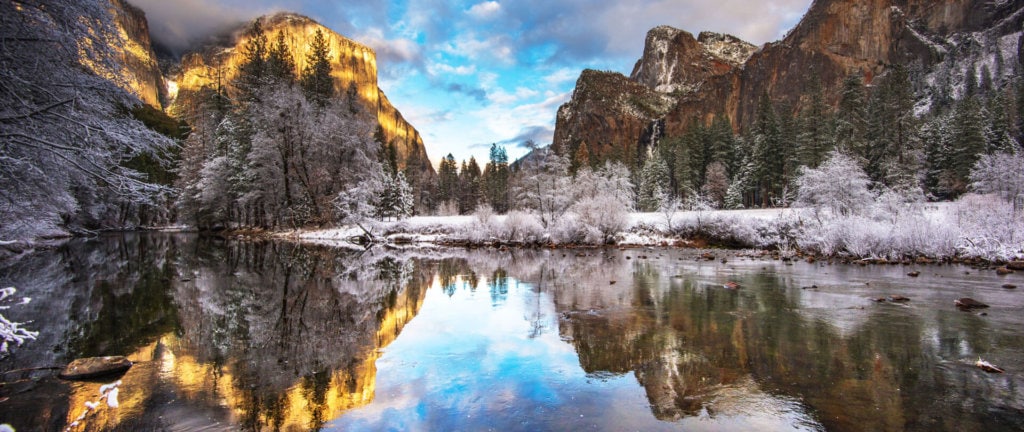 Yosemite winter scene with El Cap and Bridalveil Fall