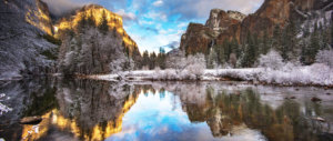 Yosemite winter scene with El Cap and Bridalveil Fall