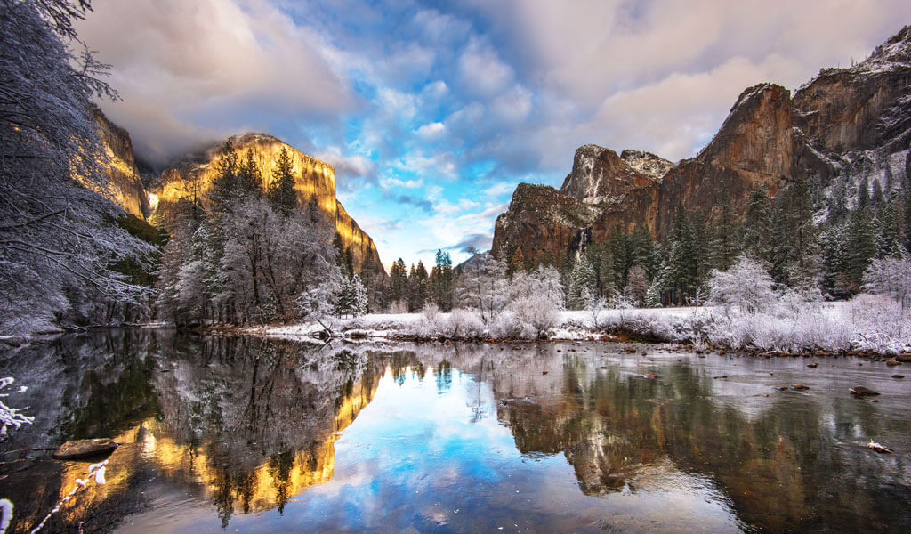 Yosemite winter scene with El Cap and Bridalveil Fall