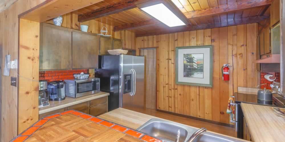 kitchen with orange tile accents and wood walls