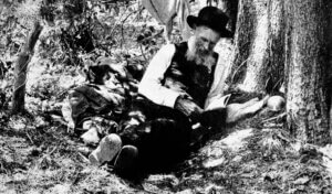 john muir reading a book in the forest