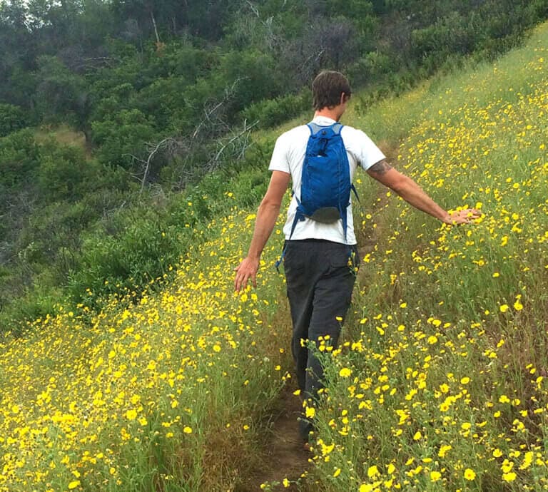 Man walking through spring flowers in Stockton Creek Preserve