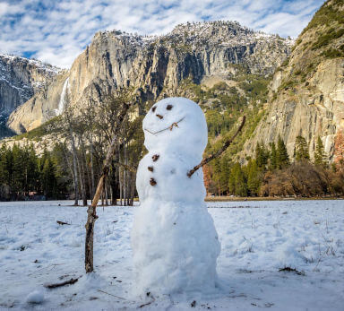 Snowman with Yosemite Falls behind
