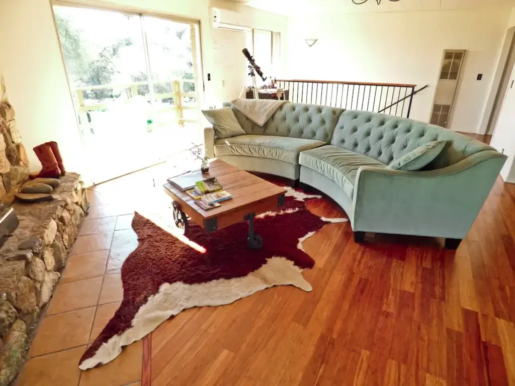 living room with curved teal couch and cowhide rug