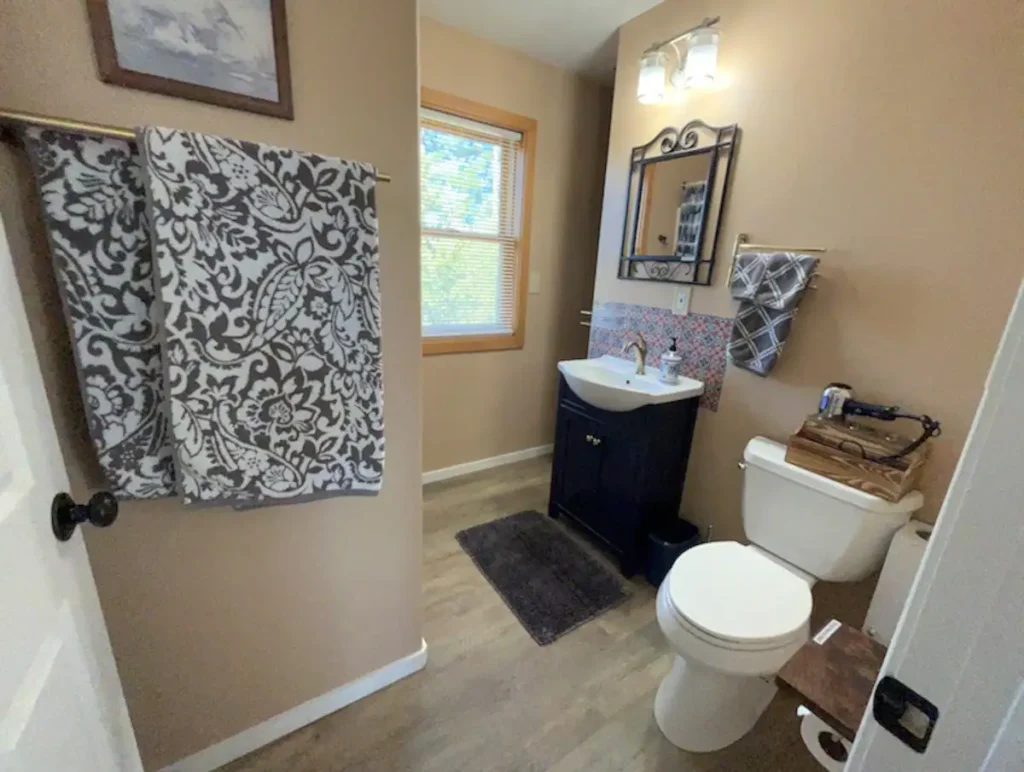 bathroom with toilet, towels and sink