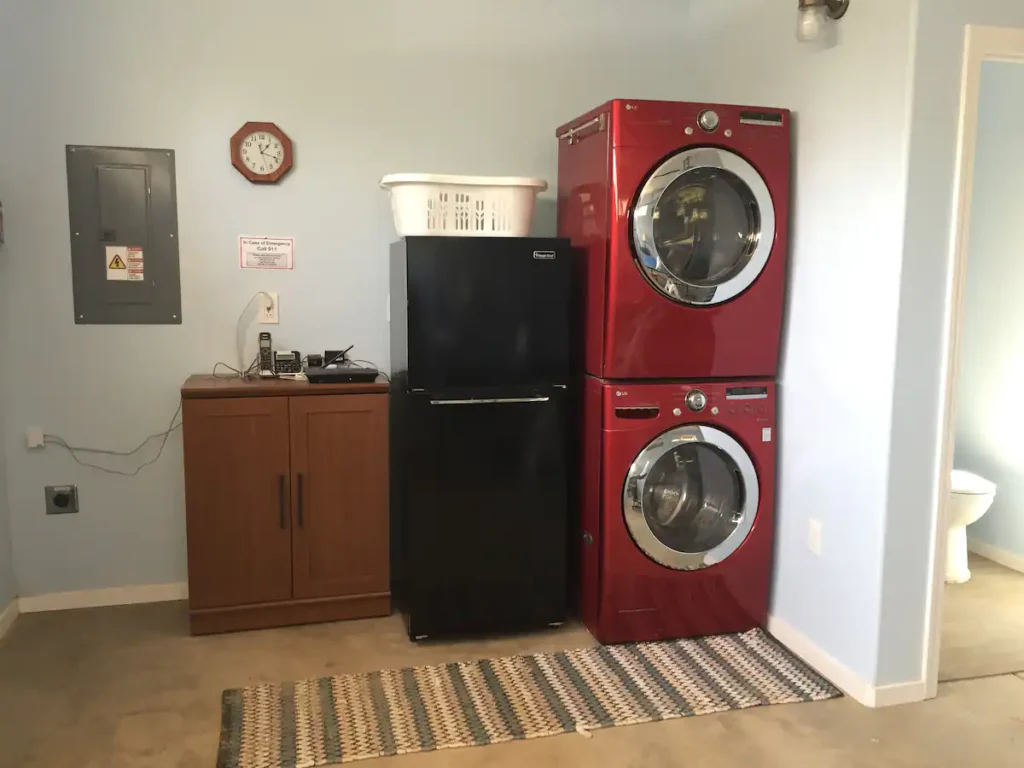 garage view of laundry and fridge