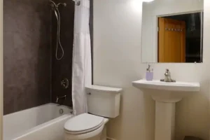 bathroom with dark tiled shower, bathtub and pedestal sink