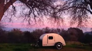 teardrop trailer at sunset