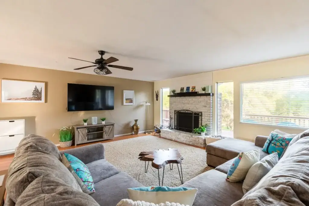 living room with couches, television, and fireplace