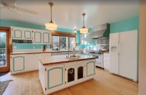 kitchen with teal accents