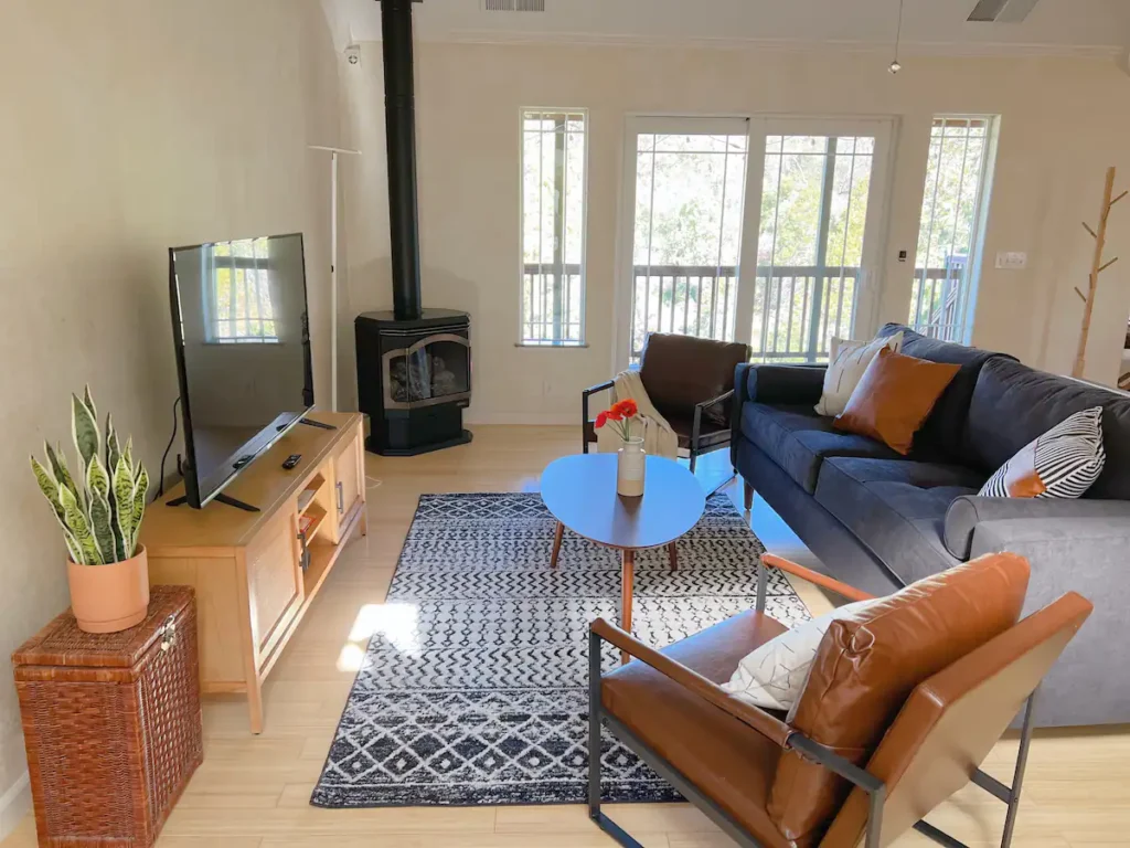 living room with television and wood stove