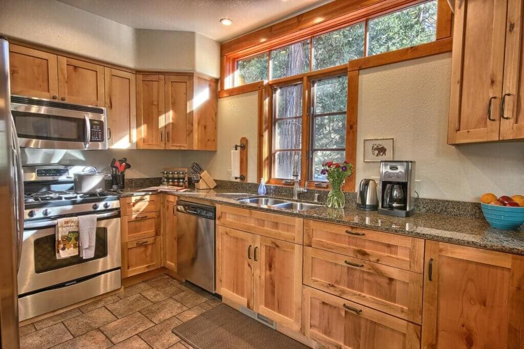 kitchen with wood cabinets and accents