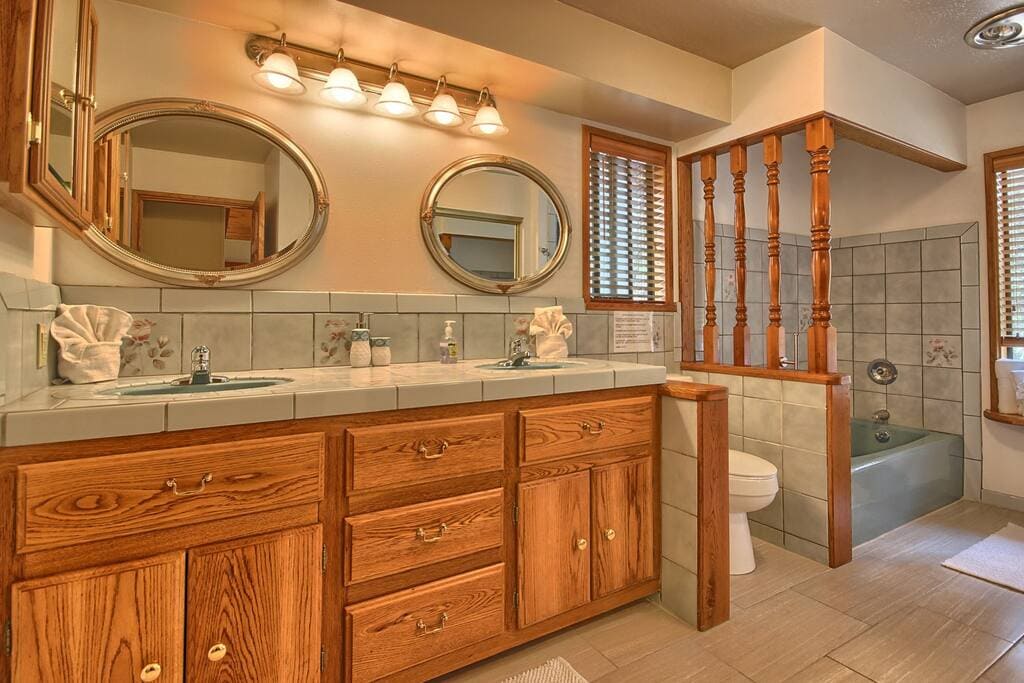 bathroom with vanity and bath tub