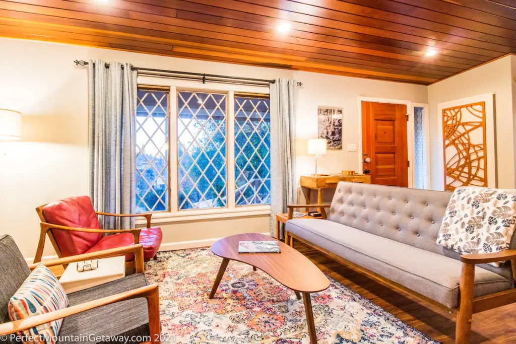 living area with retro furniture and leaded glass