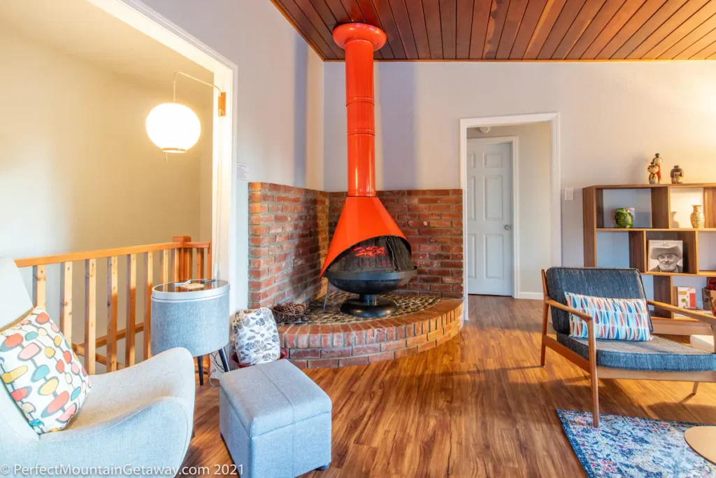 living room view of wood stove