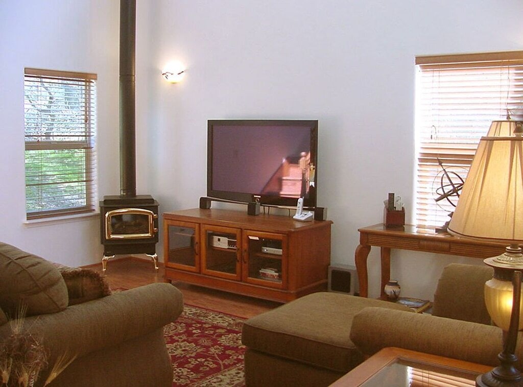 living room with wood stove and television