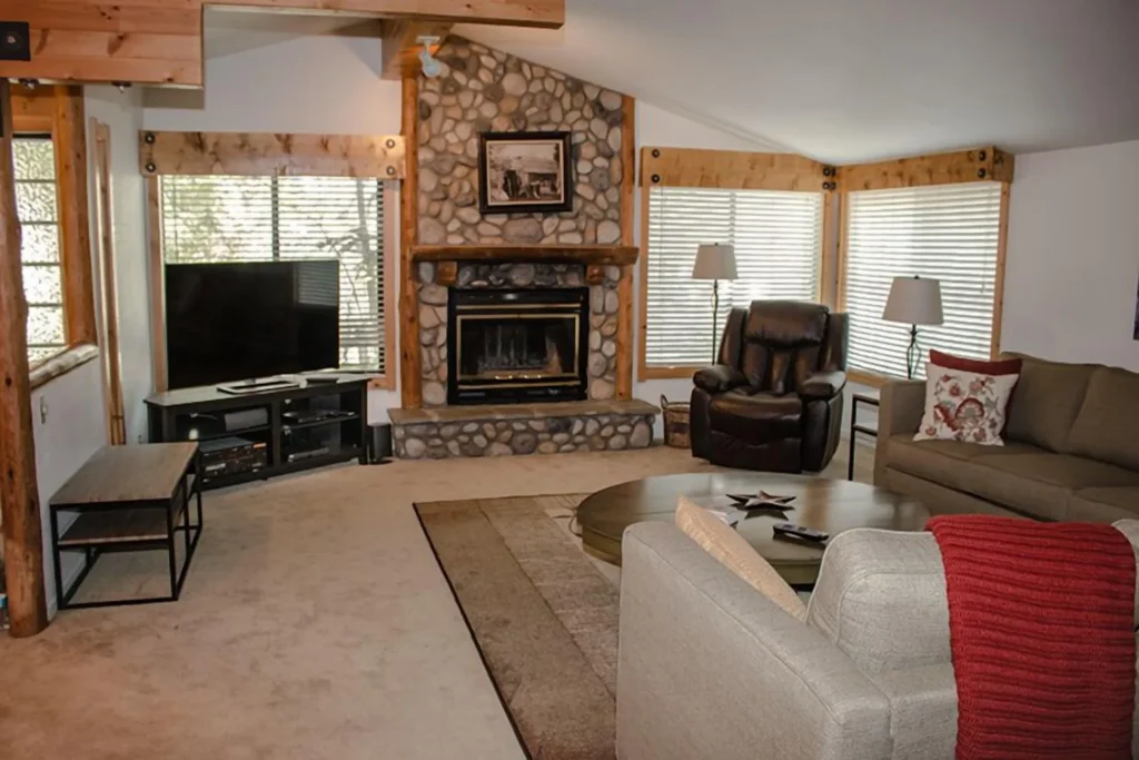 living room with television, stone fireplace and couch