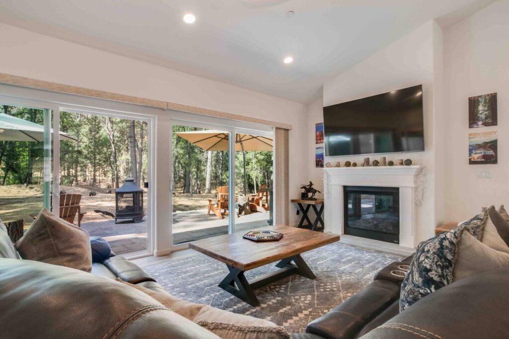 living room with fireplace and television and couches