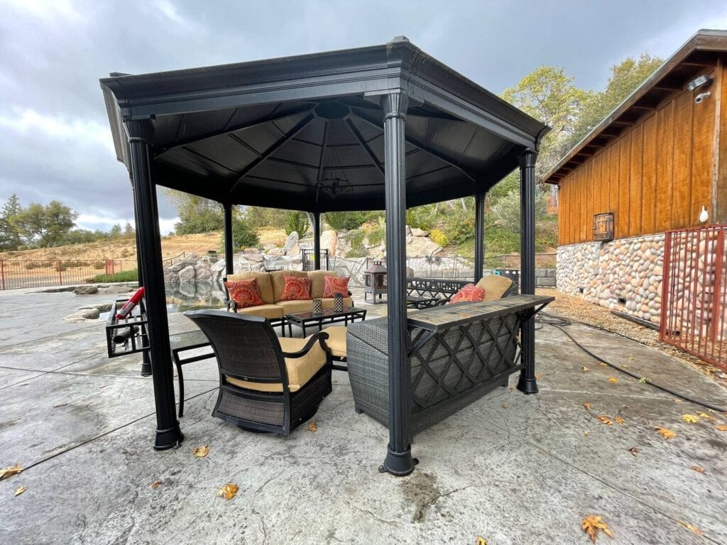 poolside seating under gazebo