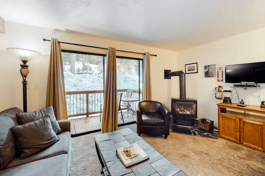 living room with couch and wood stove