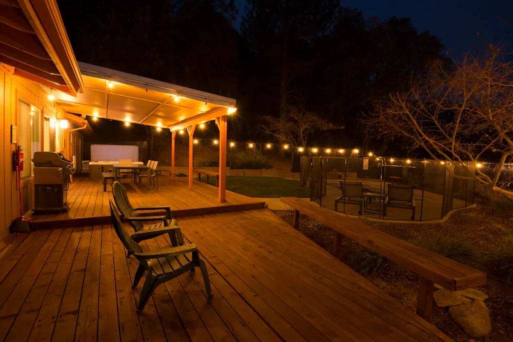 patio at night with outdoor seating