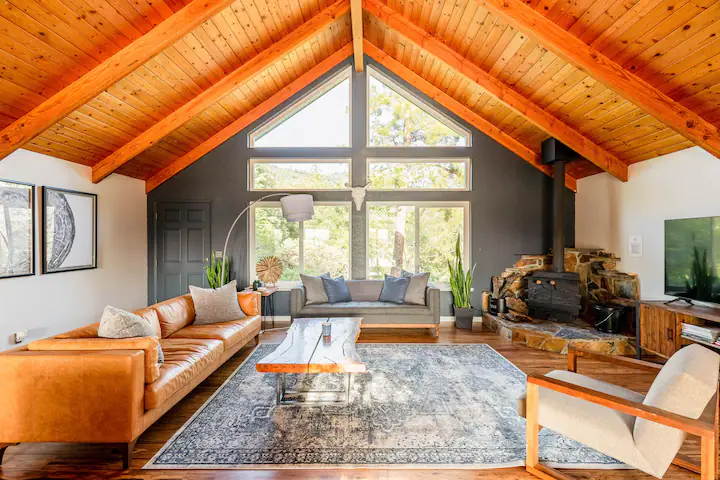 living room with tall ceilings , wood stove, television, and couches