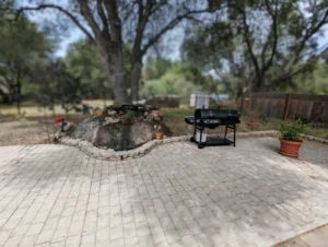 back patio with grill and oak tree