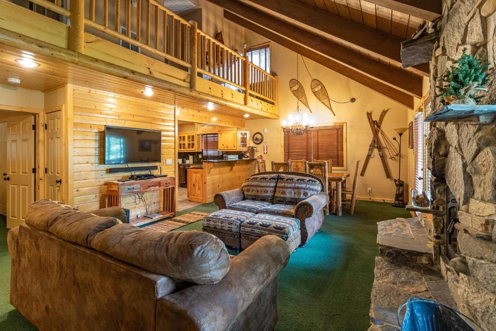 living room with stone fireplace, couches, and television