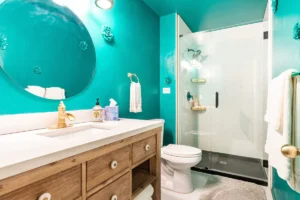 teal bathroom with shower