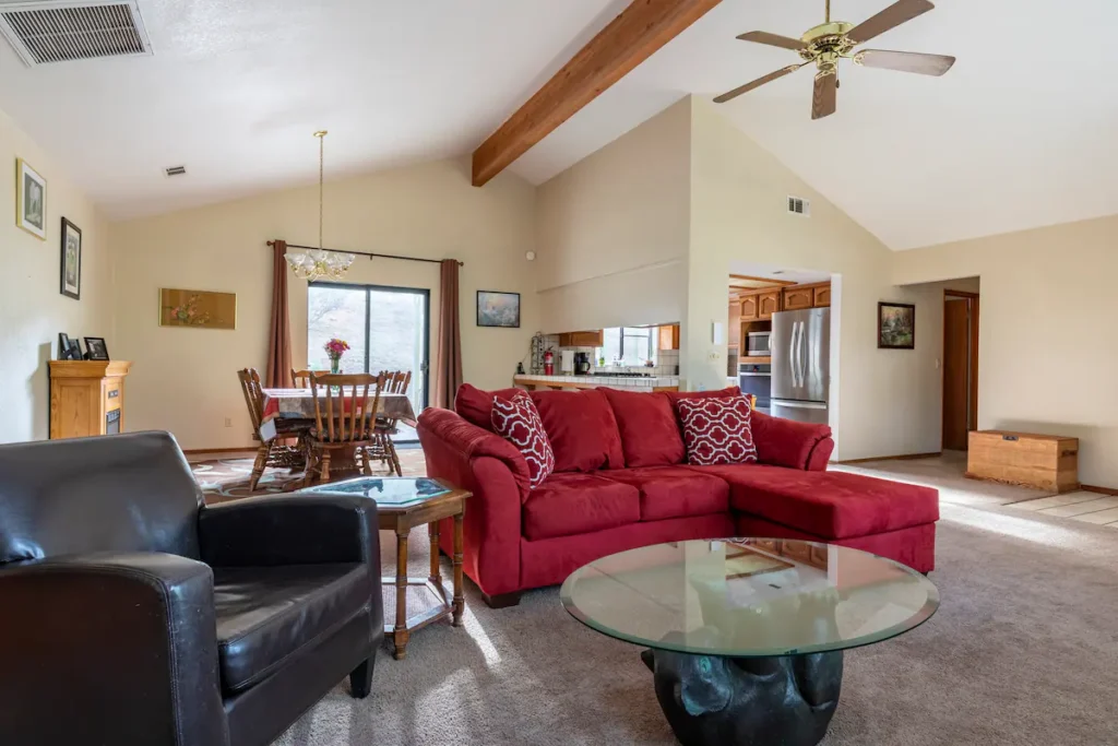 living room with beams and seating