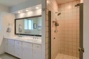 bathroom with walk in shower and vanity