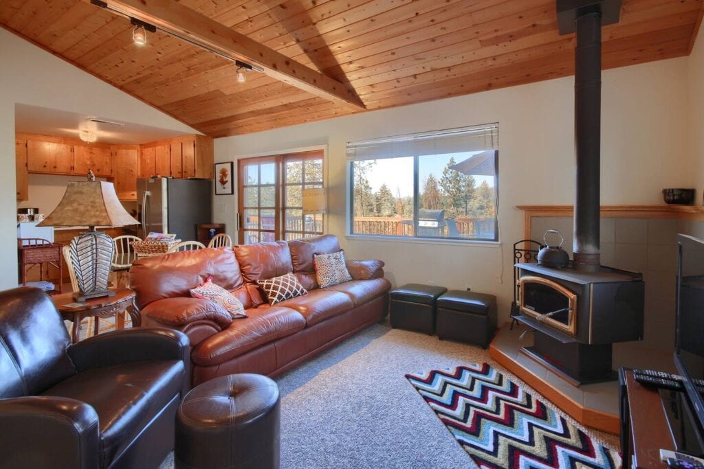 living room with wood stove and couches