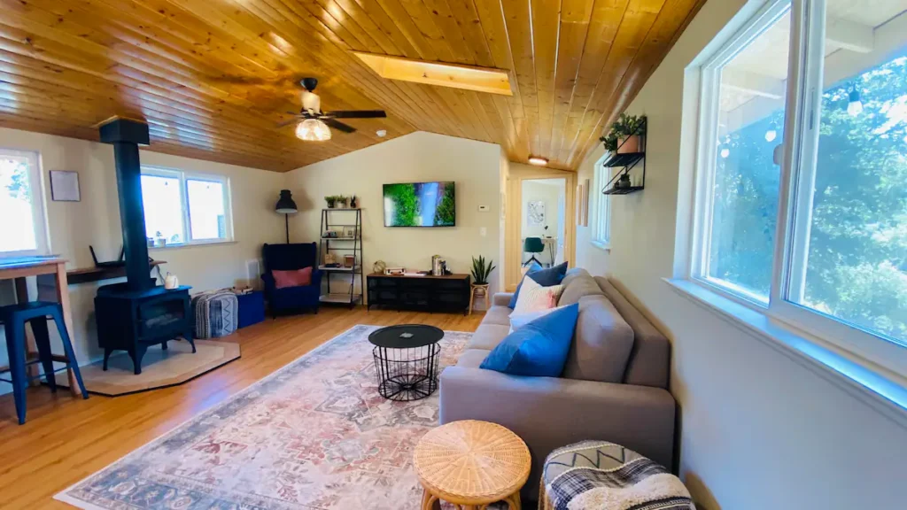 living area with wood stove and pull out couch