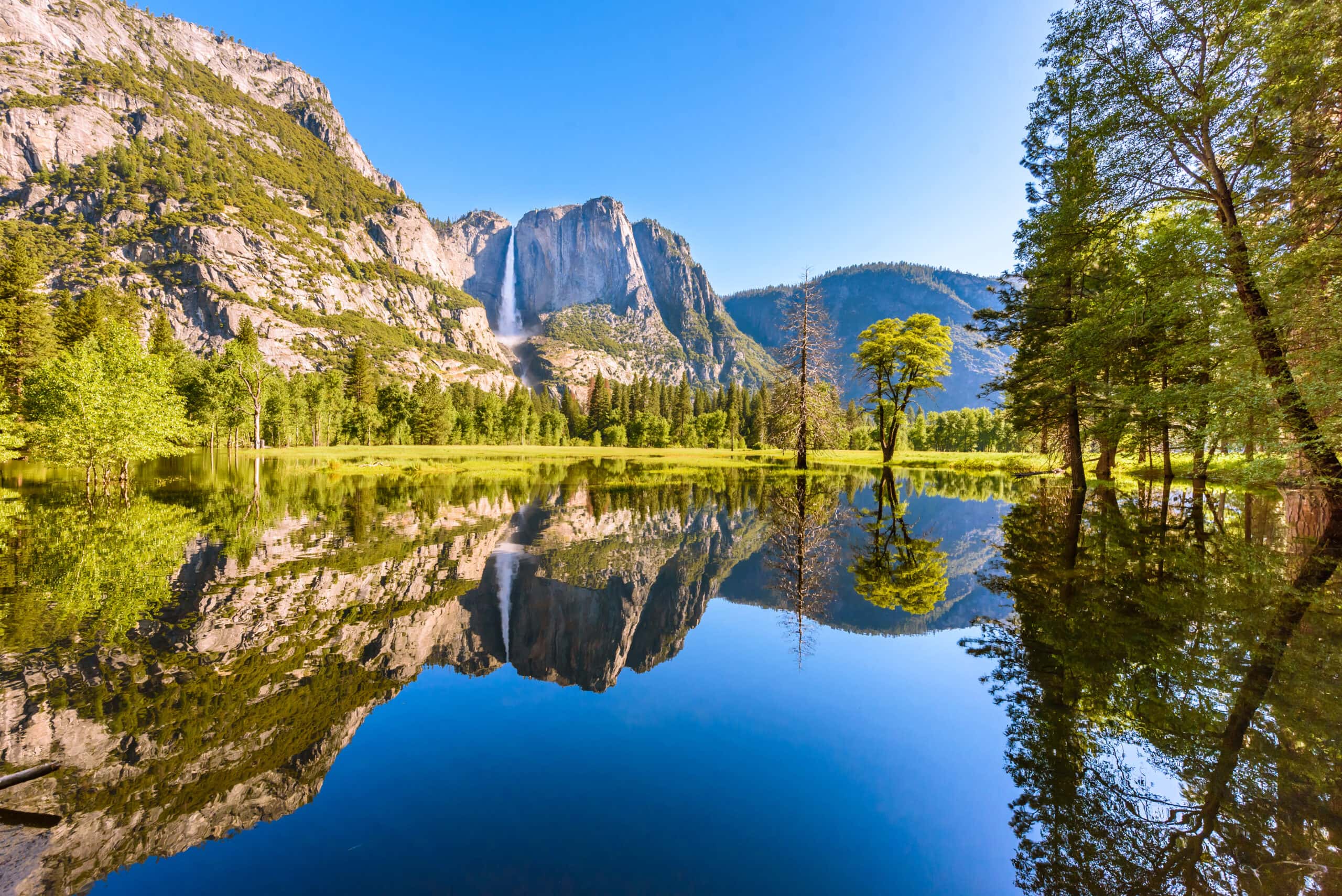 Yosemite Falls reflected in the Merced River
