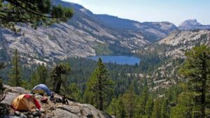 Backpackers high above Merced Lake