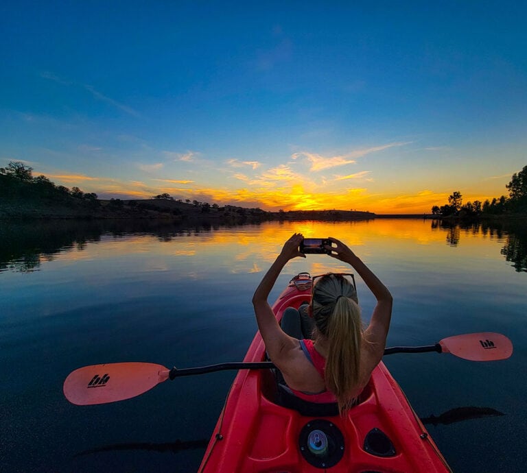 Kayaking Lake McSwain at sunset