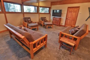 basement seating room with television