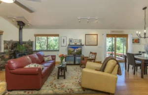 living room with sofas, television, and wood stove