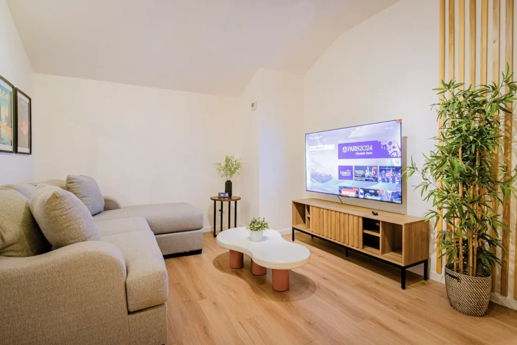 media room with couch and television